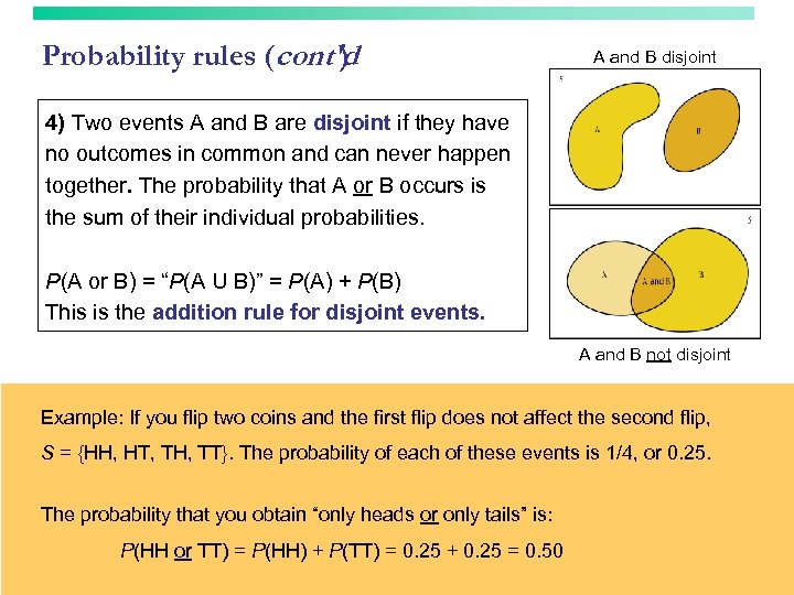 Probability rules (cont'd ) A and B disjoint 4) Two events A and B