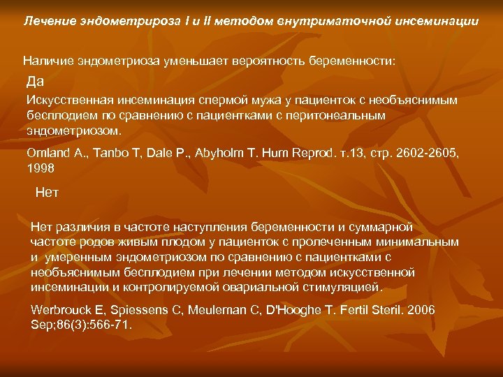 Лечение эндометрироза I и II методом внутриматочной инсеминации Наличие эндометриоза уменьшает вероятность беременности: Да