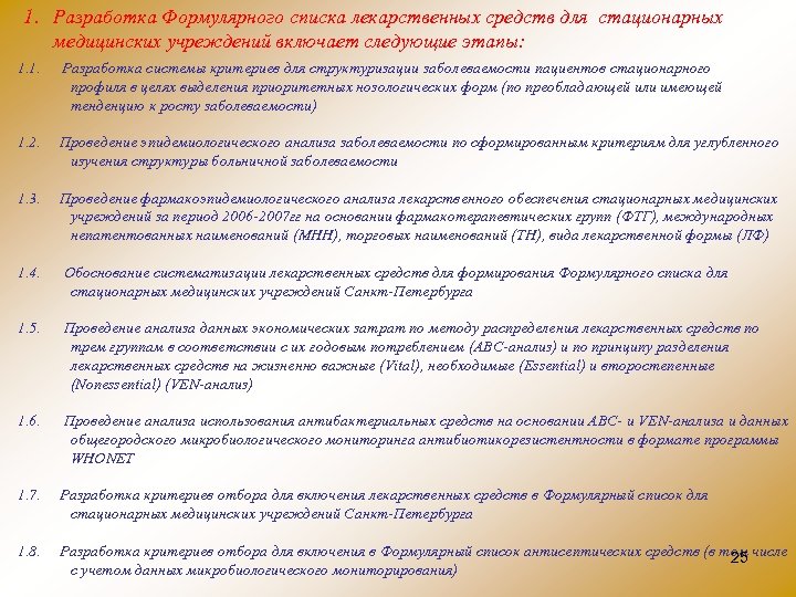 1. Разработка Формулярного списка лекарственных средств для стационарных медицинских учреждений включает следующие этапы: 1.