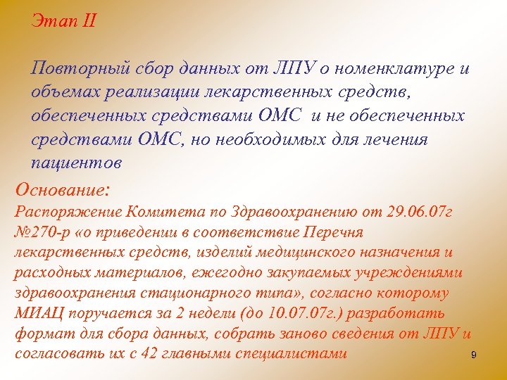 Этап II Повторный сбор данных от ЛПУ о номенклатуре и объемах реализации лекарственных средств,