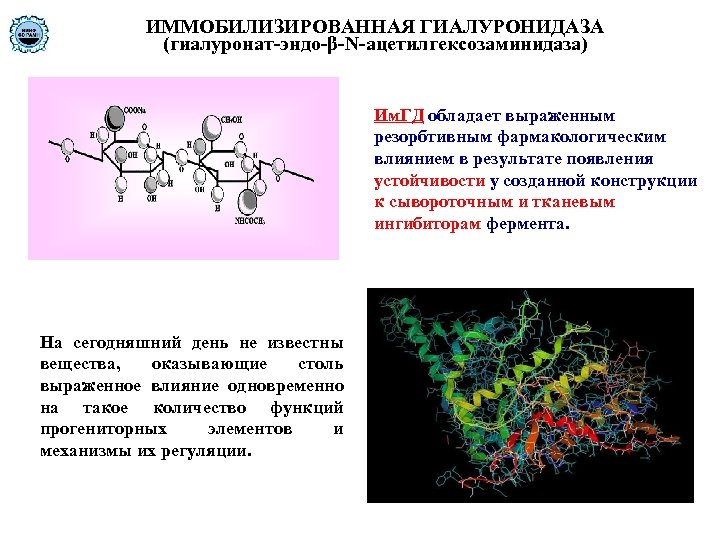 ИММОБИЛИЗИРОВАННАЯ ГИАЛУРОНИДАЗА (гиалуронат-эндо-β-N-ацетилгексозаминидаза) Им. ГД обладает выраженным резорбтивным фармакологическим влиянием в результате появления устойчивости