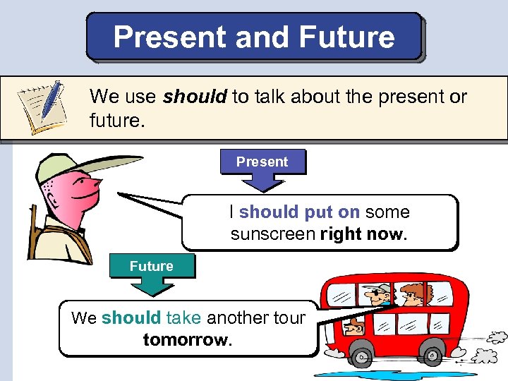 Present and Future We use should to talk about the present or future. Present