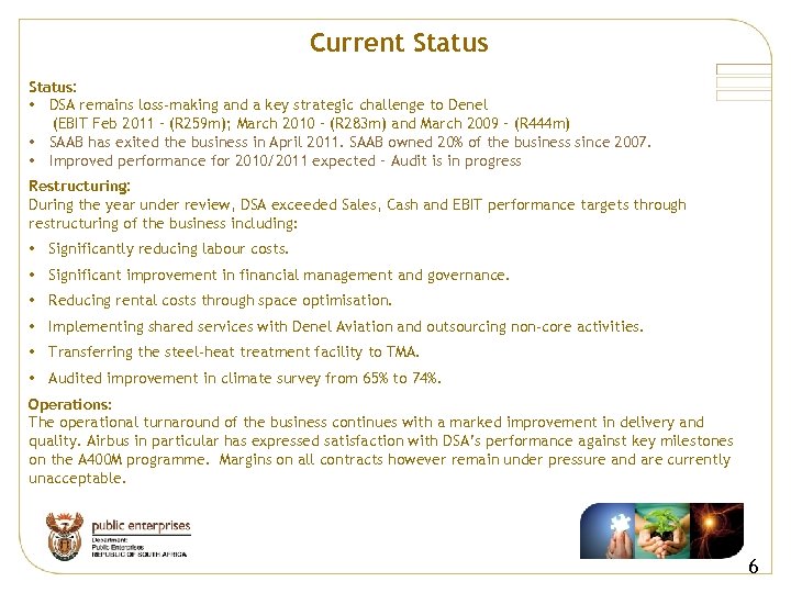 Current Status: • DSA remains loss-making and a key strategic challenge to Denel (EBIT
