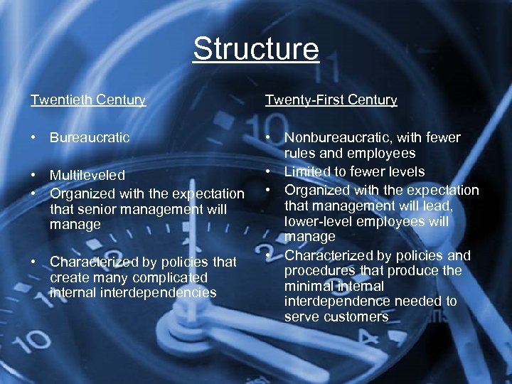 Structure Twentieth Century Twenty-First Century • Bureaucratic • Nonbureaucratic, with fewer rules and employees