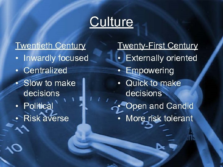 Culture Twentieth Century • Inwardly focused • Centralized • Slow to make decisions •