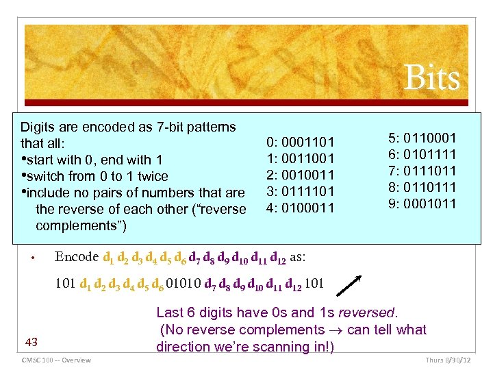 Bits Digits are encoded as 7 -bit patterns that all: • start with 0,