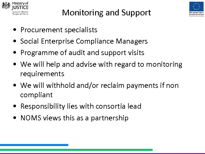 Monitoring and Support • • Procurement specialists Social Enterprise Compliance Managers Programme of audit