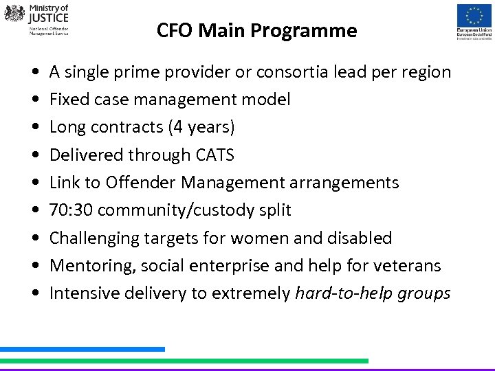 CFO Main Programme • • • A single prime provider or consortia lead per