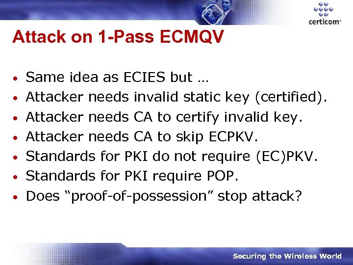 Attack on 1 -Pass ECMQV • • Same idea as ECIES but … Attacker