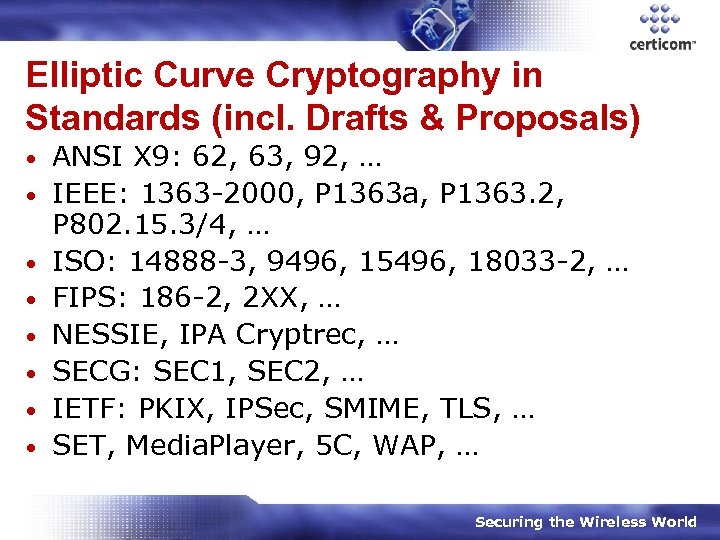 Elliptic Curve Cryptography in Standards (incl. Drafts & Proposals) • • ANSI X 9:
