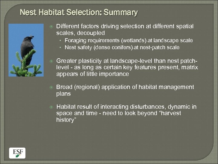 Nest Habitat Selection: Summary Different factors driving selection at different spatial scales, decoupled •