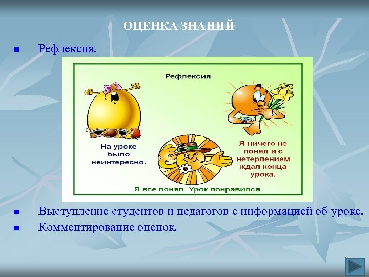 ОЦЕНКА ЗНАНИЙ n n n Рефлексия. Выступление студентов и педагогов с информацией об уроке.