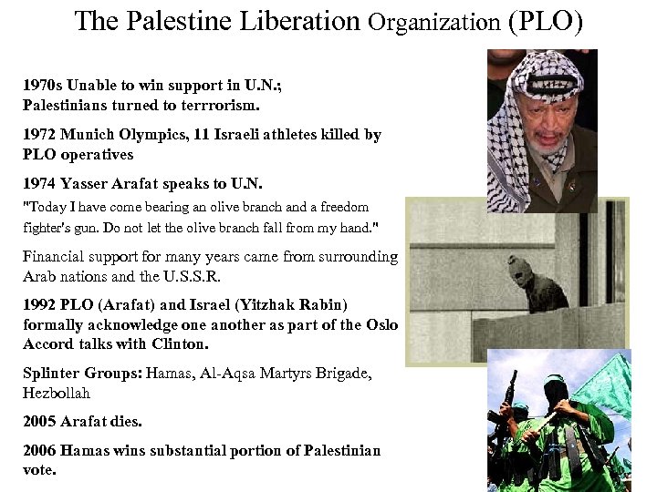 The Palestine Liberation Organization (PLO) 1970 s Unable to win support in U. N.