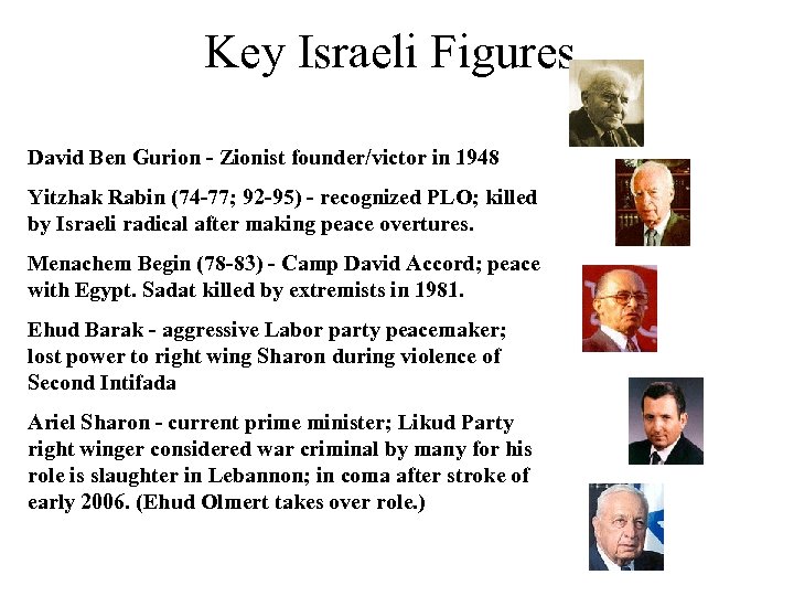 Key Israeli Figures David Ben Gurion - Zionist founder/victor in 1948 Yitzhak Rabin (74