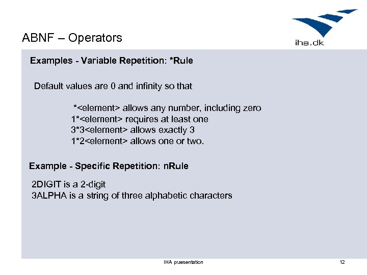 ABNF – Operators Examples - Variable Repetition: *Rule Default values are 0 and infinity