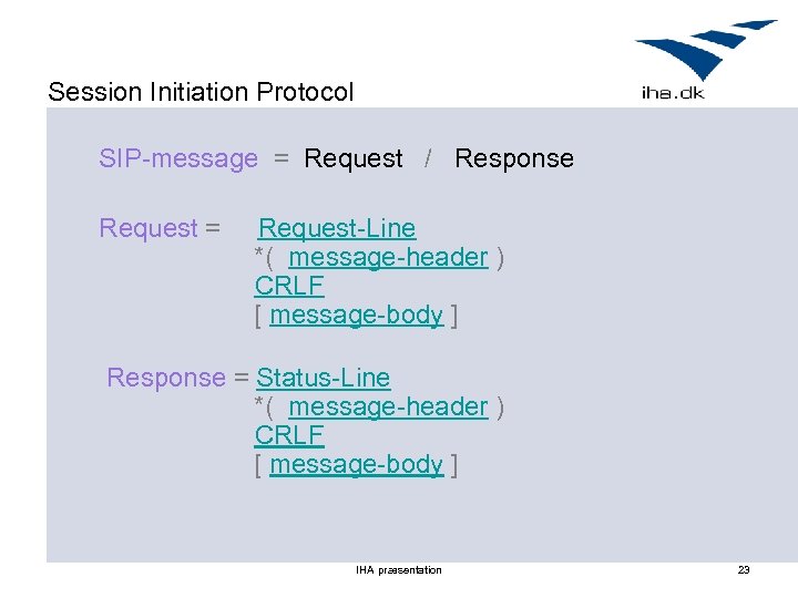 Session Initiation Protocol SIP-message = Request / Response Request = Request-Line *( message-header )