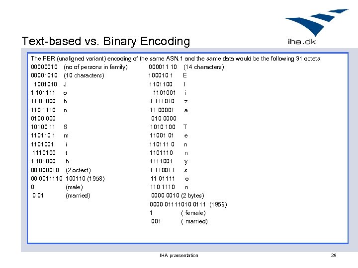 Text-based vs. Binary Encoding The PER (unaligned variant) encoding of the same ASN. 1