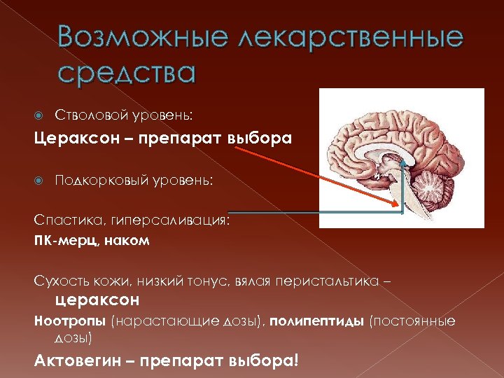 Возможные лекарственные средства Стволовой уровень: Цераксон – препарат выбора Подкорковый уровень: Спастика, гиперсаливация: ПК-мерц,