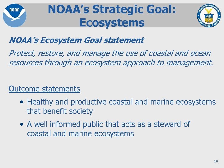 NOAA’s Strategic Goal: Ecosystems NOAA’s Ecosystem Goal statement Protect, restore, and manage the use