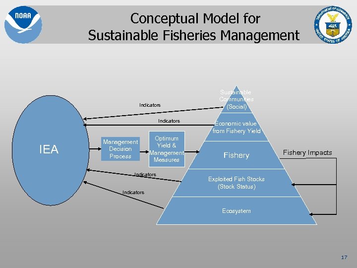 Conceptual Model for Sustainable Fisheries Management Indicators IEA Management Decision Process Optimum Yield &