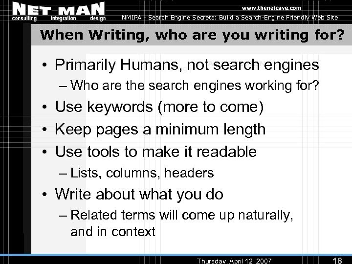 NMIPA - Search Engine Secrets: Build a Search-Engine Friendly Web Site When Writing, who