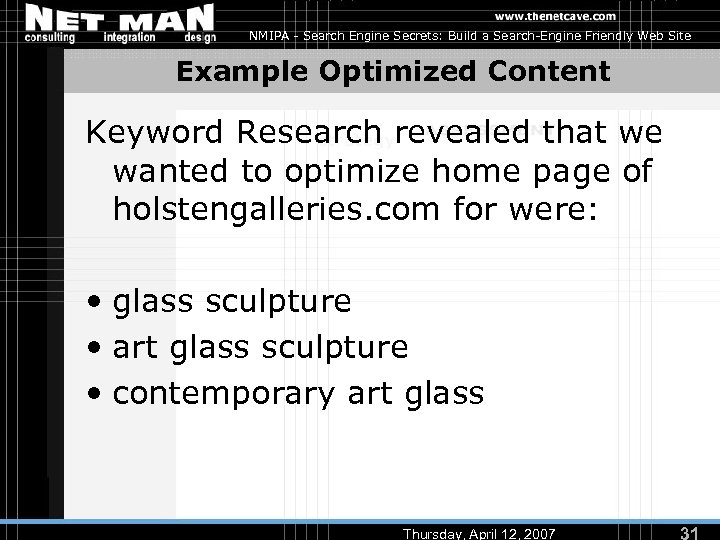 NMIPA - Search Engine Secrets: Build a Search-Engine Friendly Web Site Example Optimized Content