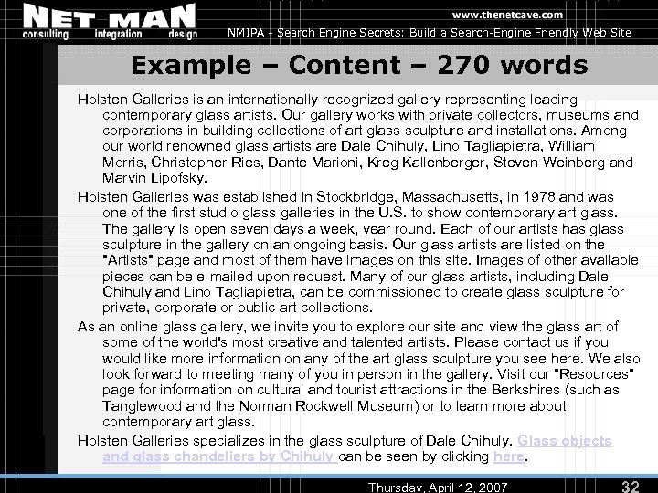 NMIPA - Search Engine Secrets: Build a Search-Engine Friendly Web Site Example – Content