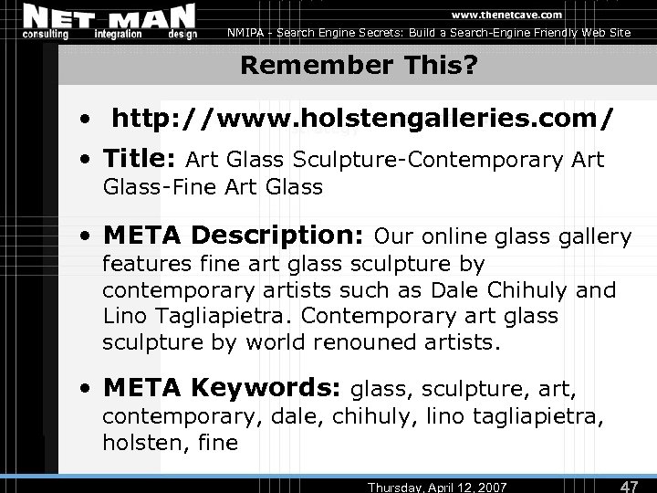 NMIPA - Search Engine Secrets: Build a Search-Engine Friendly Web Site Remember This? •