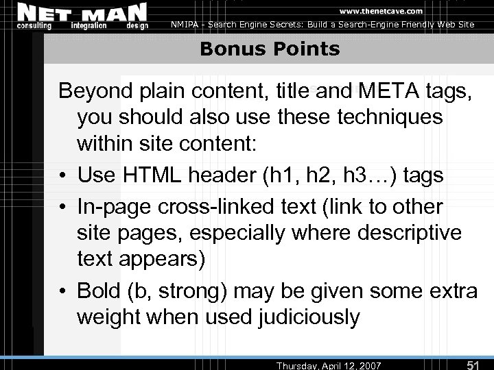 NMIPA - Search Engine Secrets: Build a Search-Engine Friendly Web Site Bonus Points Beyond