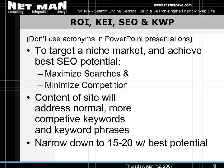 NMIPA - Search Engine Secrets: Build a Search-Engine Friendly Web Site ROI, KEI, SEO