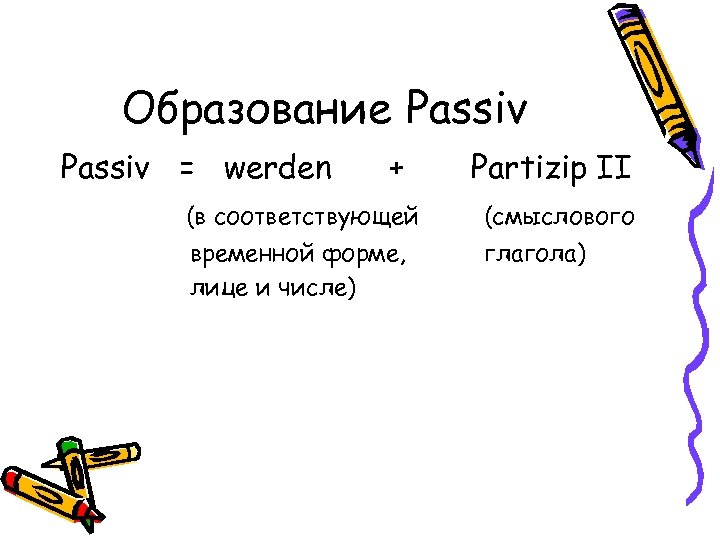 Образование Passiv = werden + Partizip II (в соответствующей (смыслового временной форме, лице и