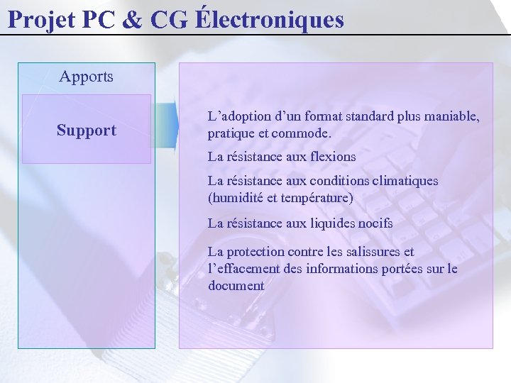 Projet PC & CG Électroniques Apports Support L’adoption d’un format standard plus maniable, pratique