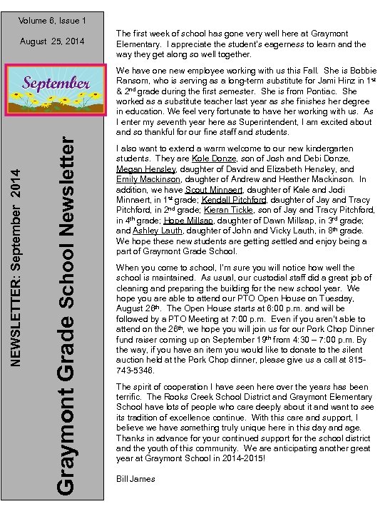 Volume 6, Issue 1 Graymont Grade School Newsletter NEWSLETTER: September 2014 August 25, 2014