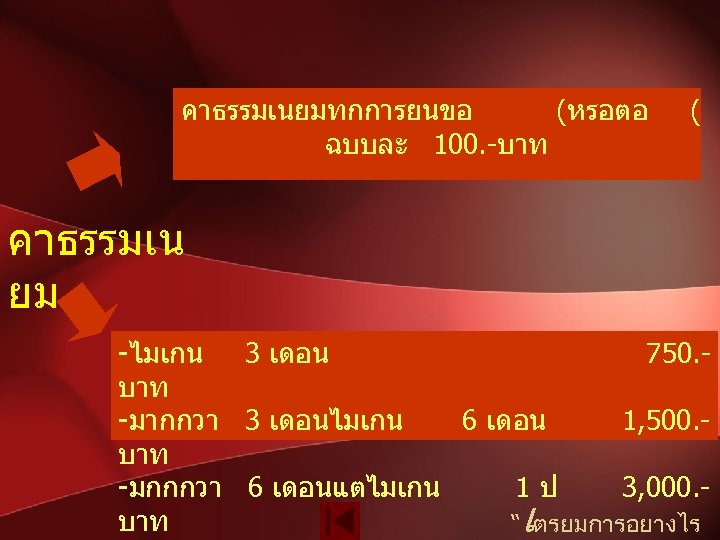 คาธรรมเนยมทกการยนขอ (หรอตอ ฉบบละ 100. -บาท ( คาธรรมเน ยม -ไมเกน 3 เดอน 750. บาท -มากกวา