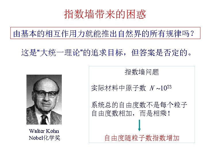 指数墙带来的困惑 由基本的相互作用力就能推出自然界的所有规律吗？ 这是“大统一理论”的追求目标，但答案是否定的。 指数墙问题 实际材料中原子数 N 1023 系统总的自由度数不是每个粒子 自由度数相加，而是相乘！ Walter Kohn Nobel化学奖 自由度随粒子数指数增加 