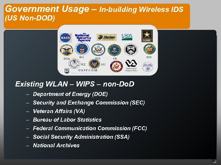 Government Usage – In-building Wireless IDS (US Non-DOD) DISA Do. L FCC Do. S