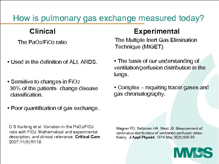 How is pulmonary gas exchange measured today? Clinical Experimental The Pa. O 2/Fi. O