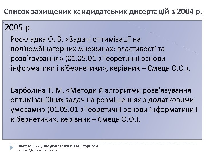 Список захищених кандидатських дисертацій з 2004 р. 2005 р. Роскладка О. В. «Задачі оптимізації