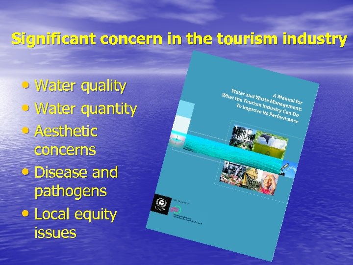 Significant concern in the tourism industry • Water quality • Water quantity • Aesthetic