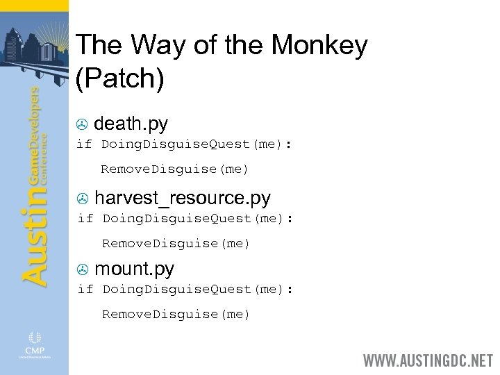 The Way of the Monkey (Patch) > death. py if Doing. Disguise. Quest(me): Remove.