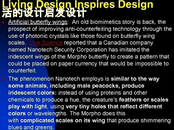 Living Design Inspires Design 活的设计启发设计 n n Artificial butterfly wings: An old biomimetics story