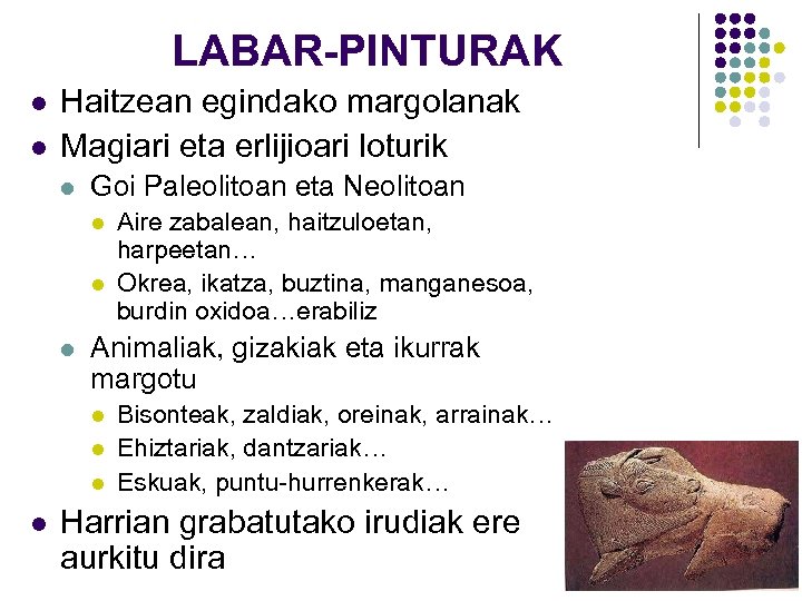 LABAR-PINTURAK l l Haitzean egindako margolanak Magiari eta erlijioari loturik l Goi Paleolitoan eta