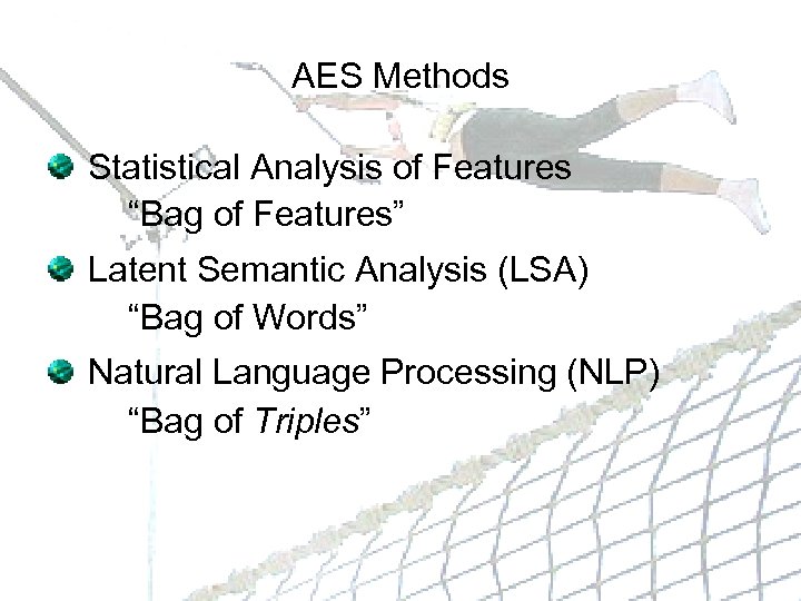 AES Methods Statistical Analysis of Features “Bag of Features” Latent Semantic Analysis (LSA) “Bag