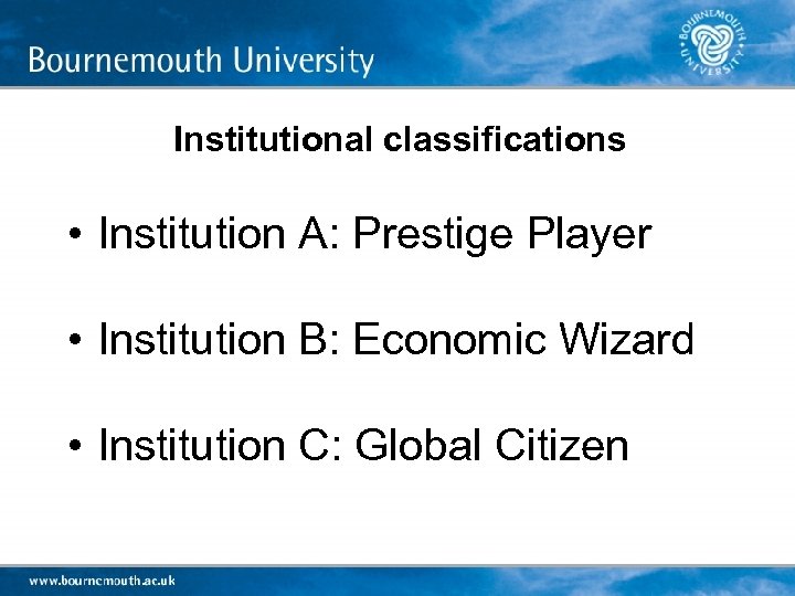 Institutional classifications • Institution A: Prestige Player • Institution B: Economic Wizard • Institution