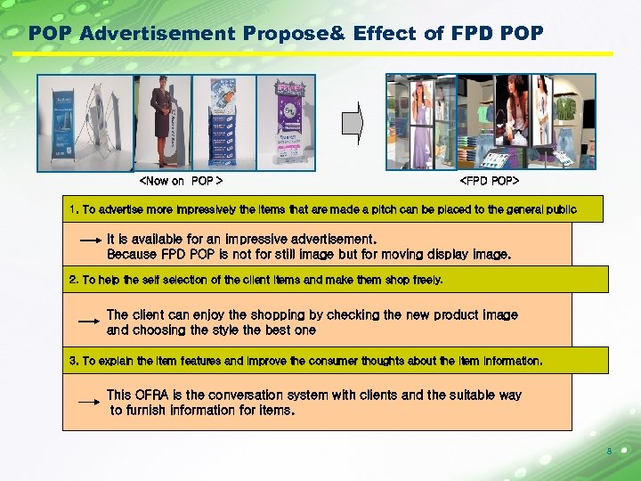 POP Advertisement Propose& Effect of FPD POP <Now on POP > <FPD POP> 1.