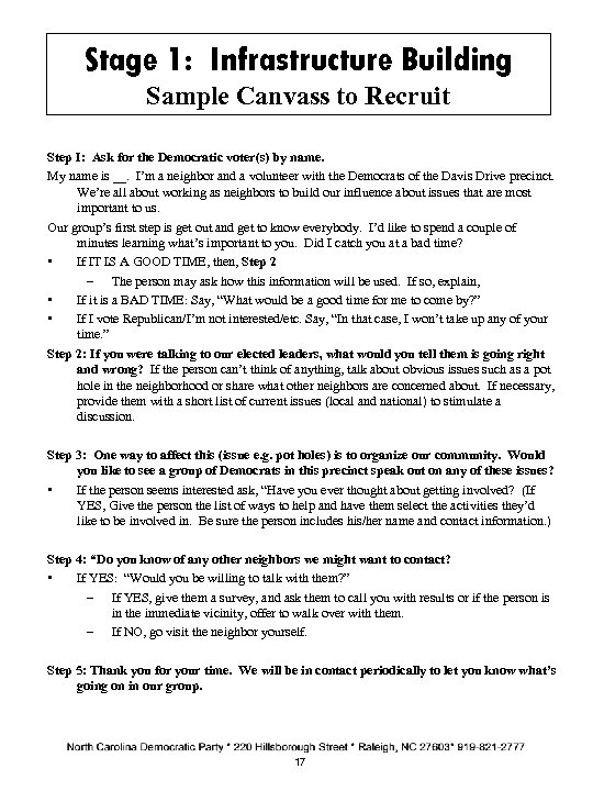 Stage 1: Infrastructure Building Sample Canvass to Recruit Step I: Ask for the Democratic
