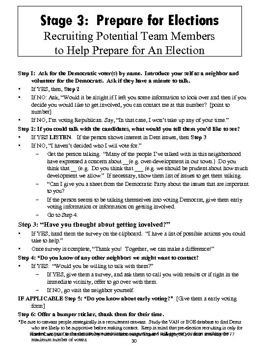 Stage 3: Prepare for Elections Recruiting Potential Team Members to Help Prepare for An