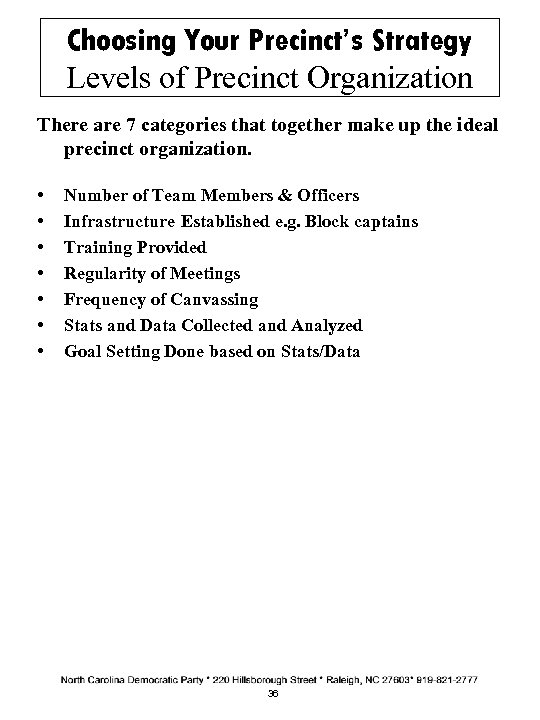 Choosing Your Precinct’s Strategy Levels of Precinct Organization There are 7 categories that together
