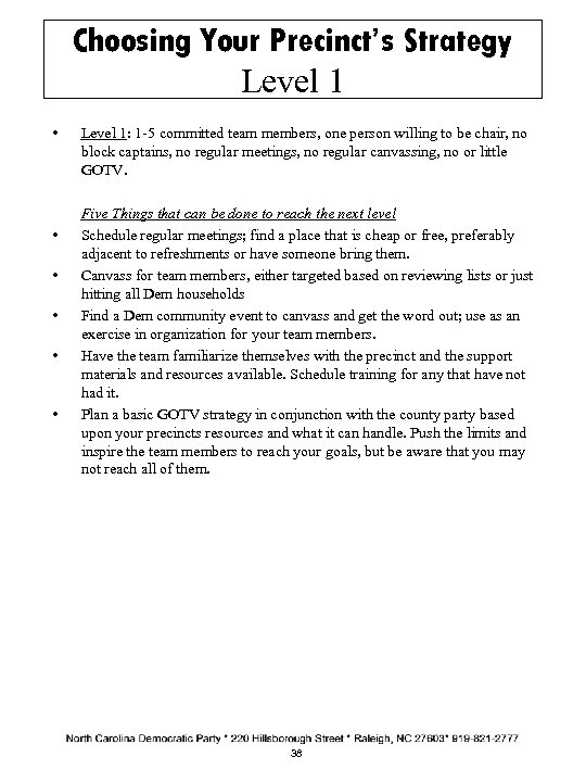 Choosing Your Precinct’s Strategy Level 1 • • • Level 1: 1 -5 committed