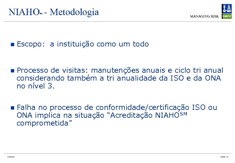 NIAHO - Metodologia SM n Escopo: a instituição como um todo n Processo de